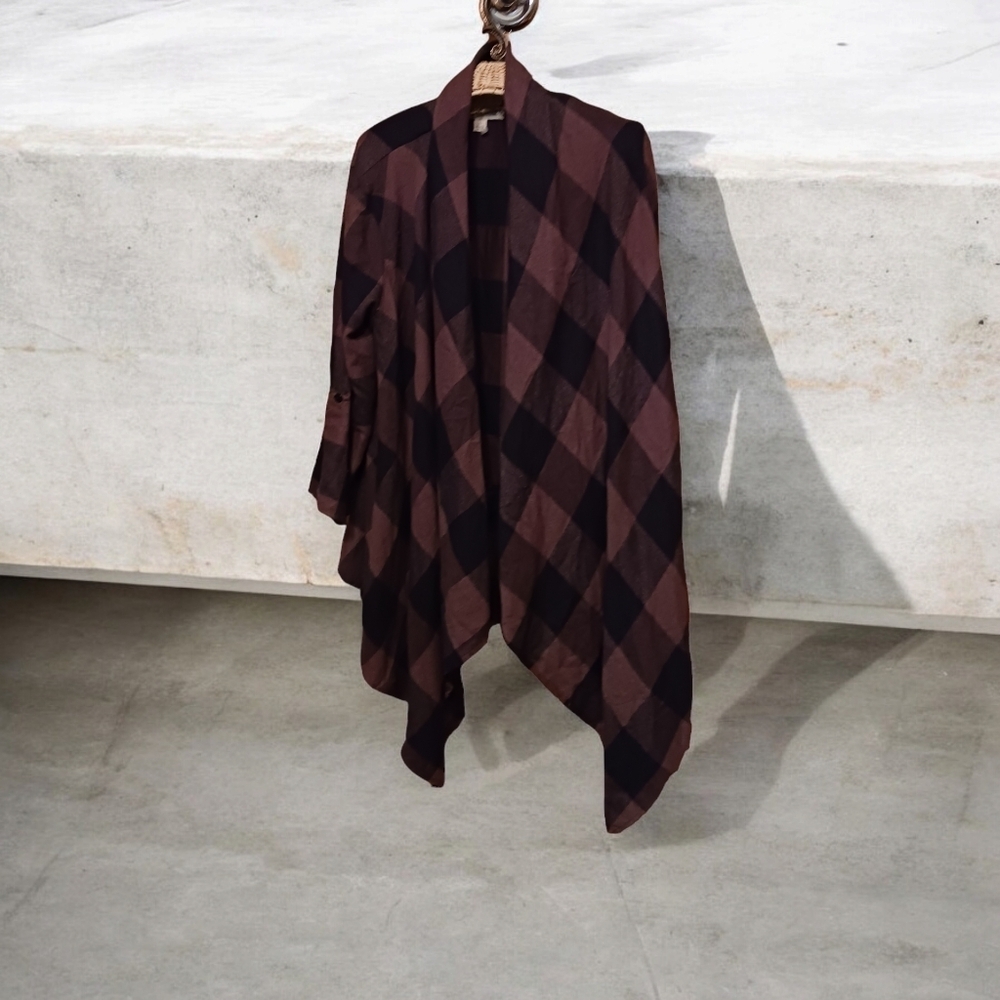 Knox Rose Brown Plaid Fall Style Open Sweater Poncho Ladies Large FALL WEATHER